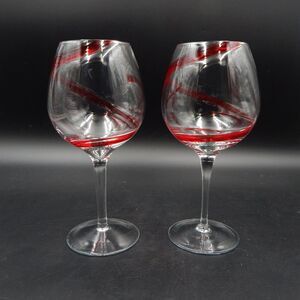 Pier 1 One Red Swirline Balloon Wine Glass 8-1/2 Inch Tall 16 oz Set of 2